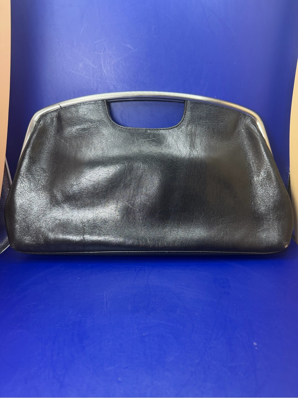 VINTAGE Hobo International Leather Clutch Handbag Black with Silver Metal.